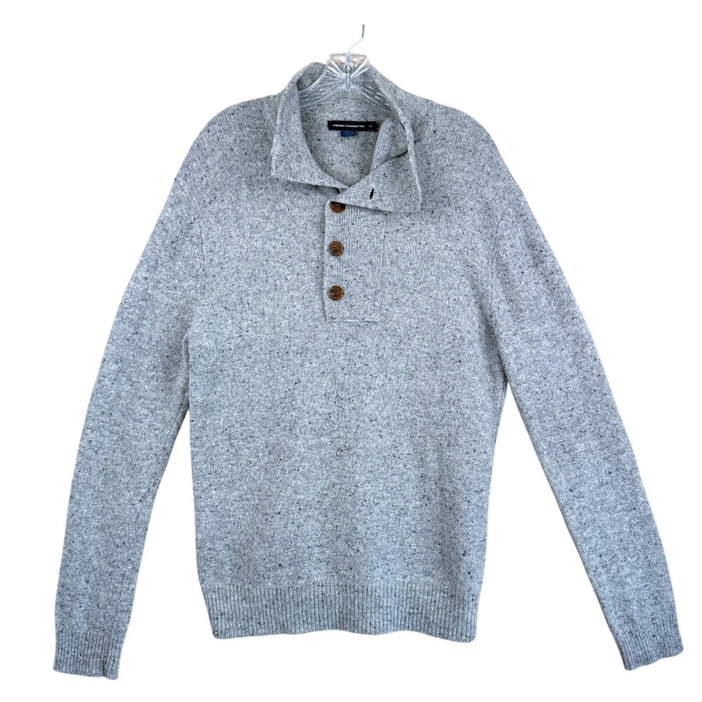 French Connection Mens Lambswool Sweater Size M Gray Henley Pullover‎ Preppy